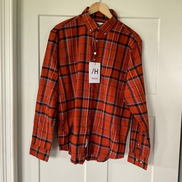 Selected HOMME Flannel Lumberjack Long Sleeve Button Up Orange Plaid - Picture 3 of 12
